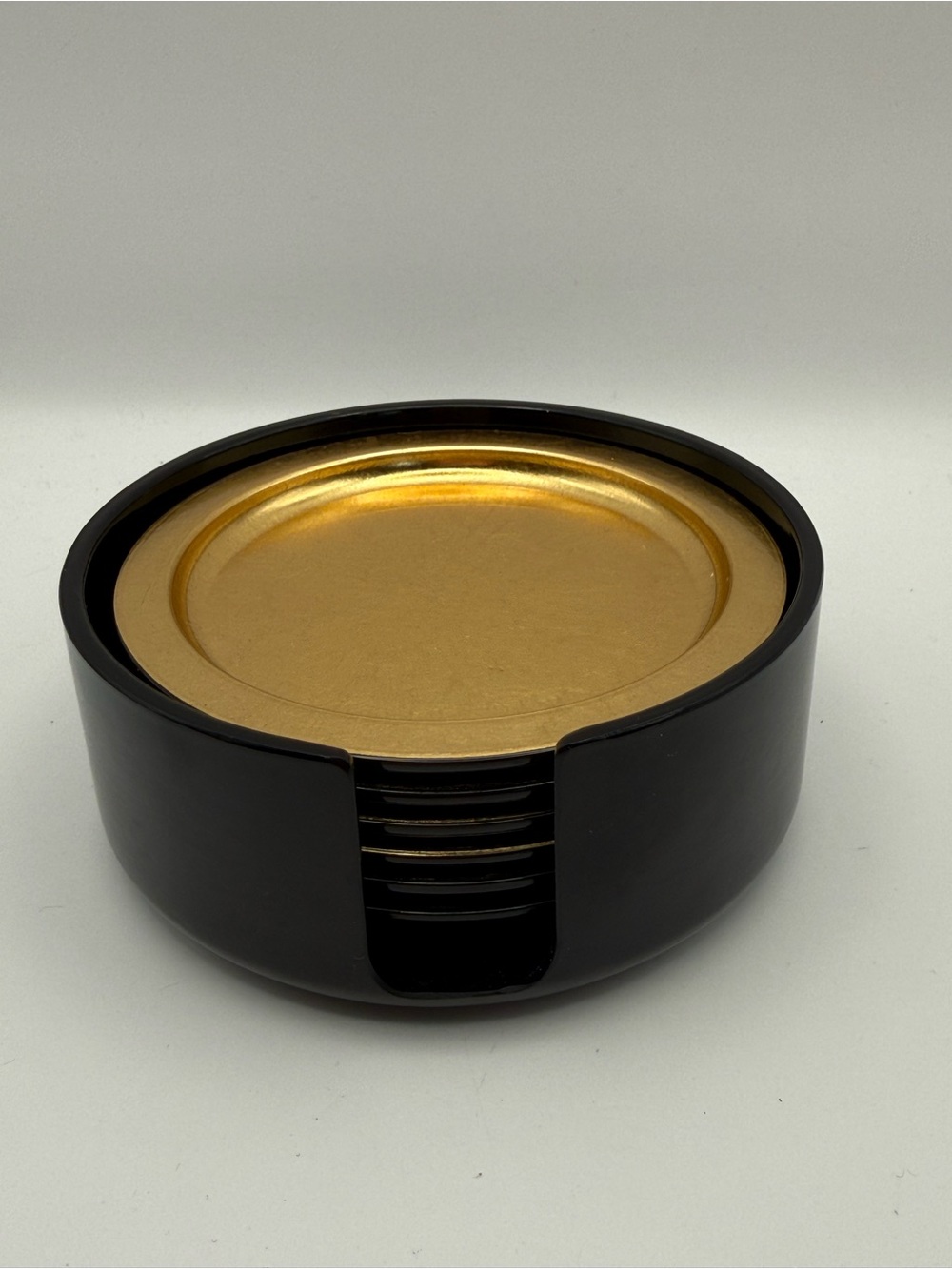 Vintage Nancy Calhoun Designs Japan Black Gold Lacquer Coasters Set of 6 Holder